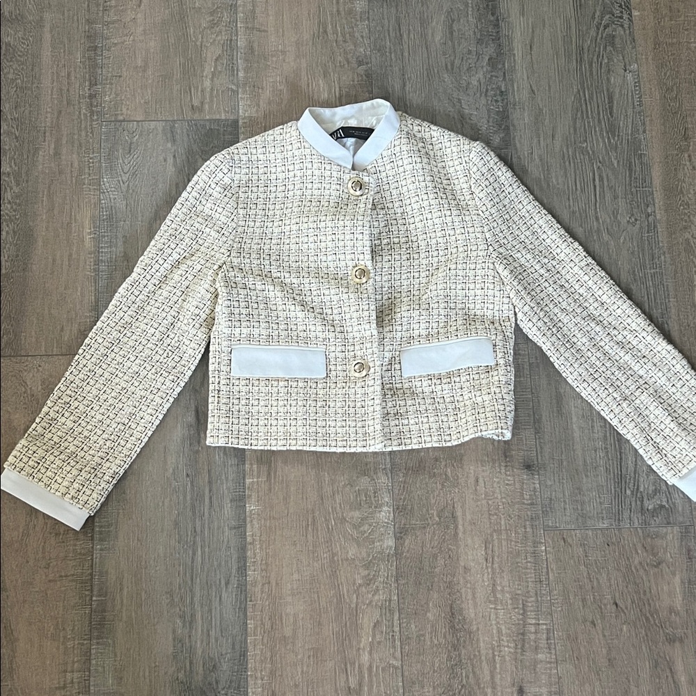 Zara Beige and White Tweed Blazer